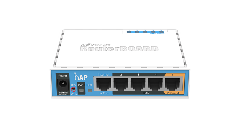 MikroTik hAP with 650MHz CPU, 64MB RAM, 5xLAN, built-in 2.4Ghz 802.11b/g/n 2x2 two chain wireless with integrated antennas, USB, RouterOS L4, desktop case, PSU