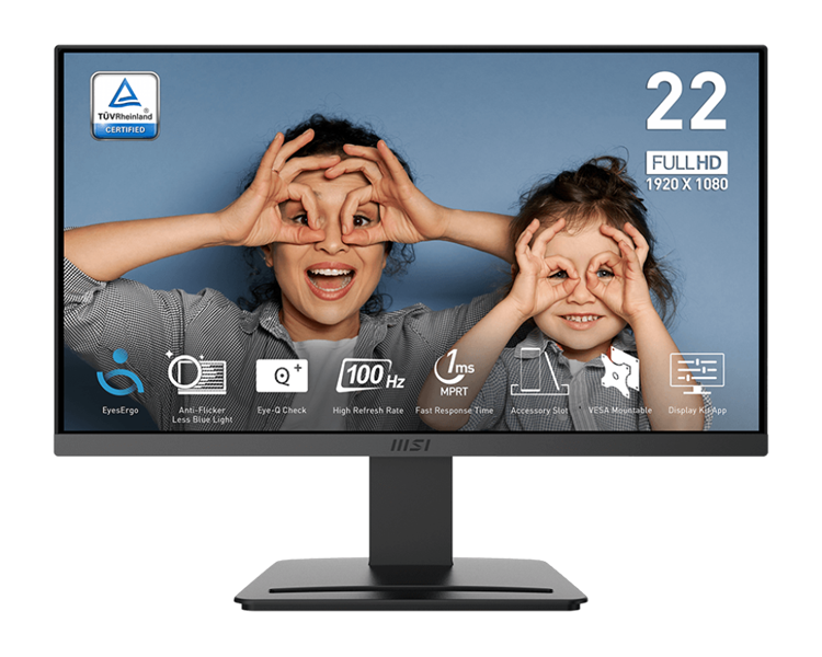 MSI PRO MP223 E2 21.5" 16:9 FHD(1920x1080) VA Flat, 1ms(MPRT),3000:1,100M:1,250nit,178/178,HDMI 1.4b,DP 1.2a,Tilt,VESA,100Hz,Black,1y war-ty