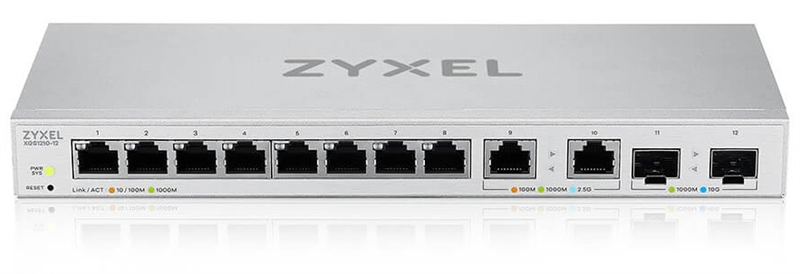 Мультигигабитный Smart L2 Zyxel XGS1210-12, 8xGE, 2x1/2,5GE, 2xSFP+, настольный, бесшумный